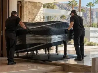 Professional movers carefully transporting a padded grand piano on a moving dolly.