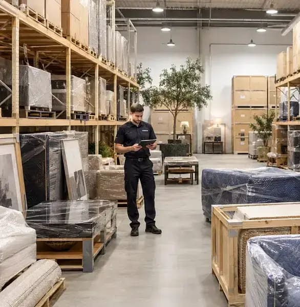 Warehouse specialist using a tablet to audit vaulted and palletized inventory inside a storage facility.
