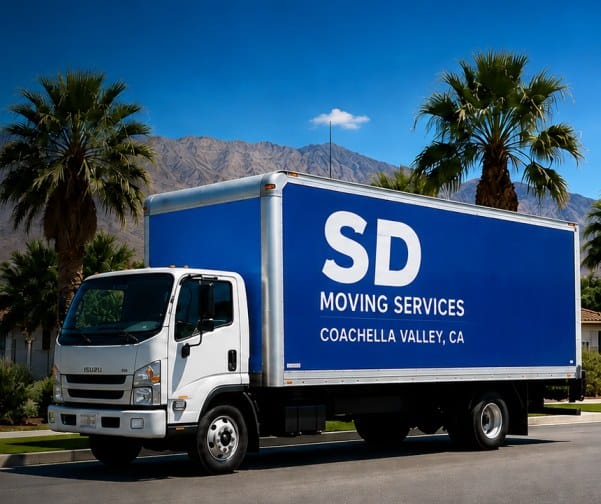 Branded blue SD Moving Services truck parked on a residential street with palm trees and mountains in the Coachella Valley.