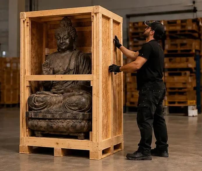 Professional mover inspecting a custom wooden crate protecting a large Buddha sculpture in a Palm Desert warehouse.