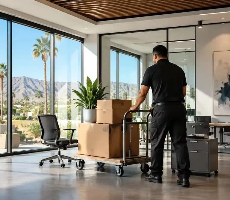 Commercial mover pushing a flatbed cart loaded with office supply boxes through a modern executive office in Palm Desert.