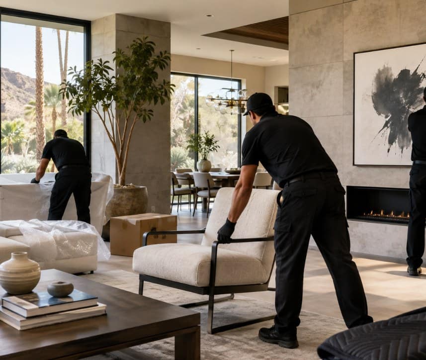 White-glove movers wearing gloves carefully positioning luxury living room chairs and artwork in a residence.